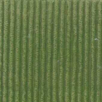 Olive-green corduroy fabric texture with vertical ribs, displaying a matte finish and linear pattern; Moroso “Floki Grass” sample labeled “q.”